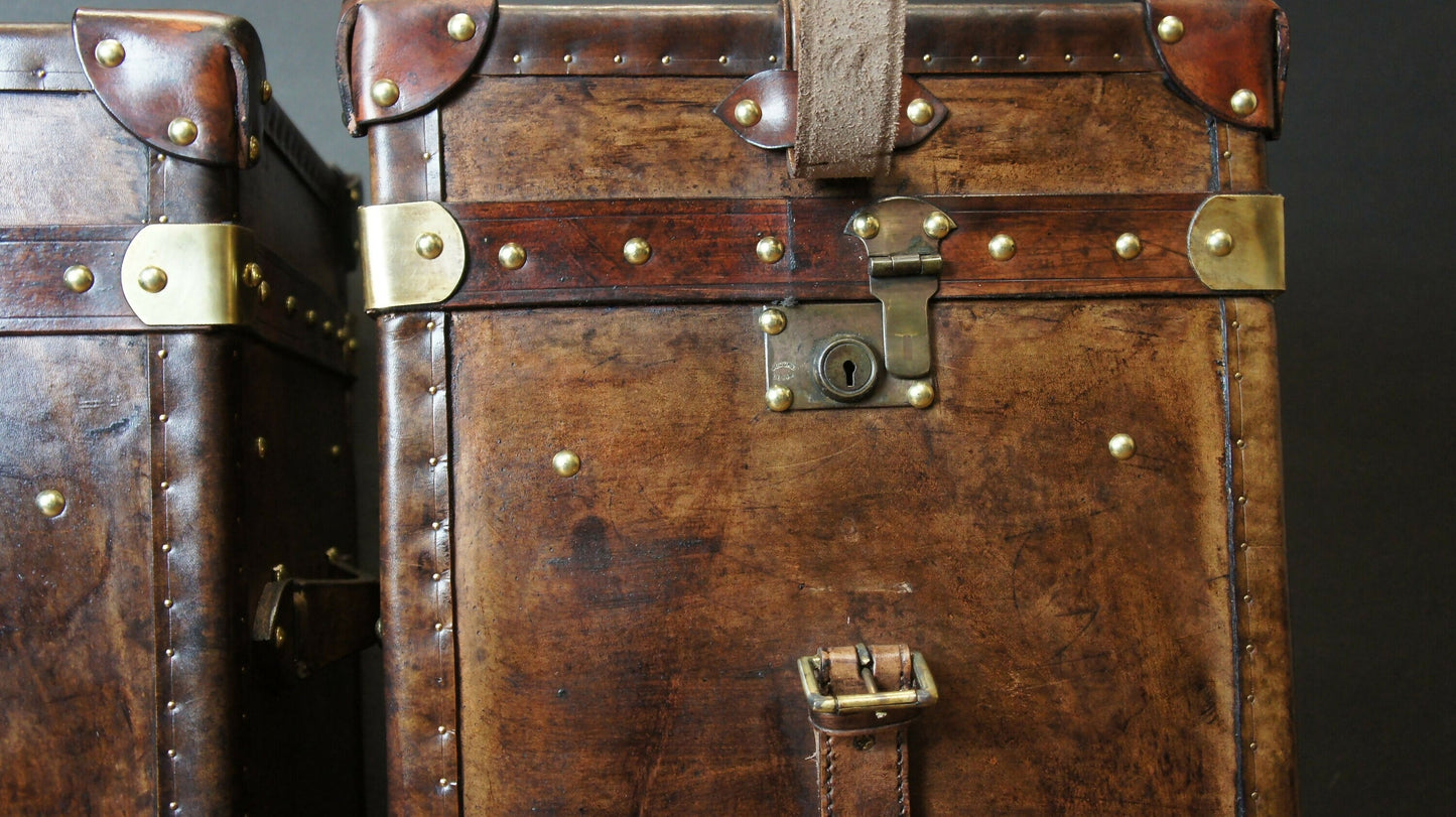 English vintage storage trunks - matching luxury pair - chestnut brown hand dyed