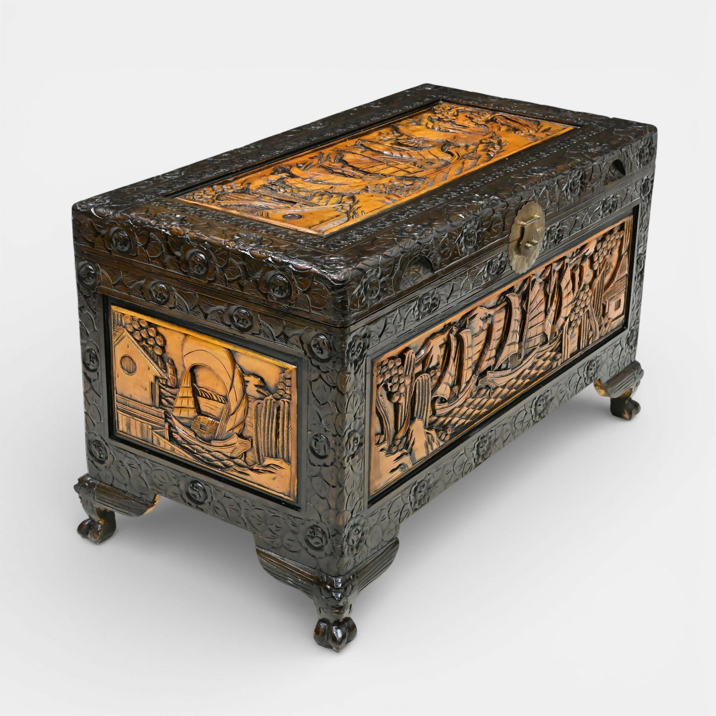 Chinese Carved Chest Trunk Camphor Wood Fine Carvings H60cm x W104cm x D56cm. SBR11127/3110E