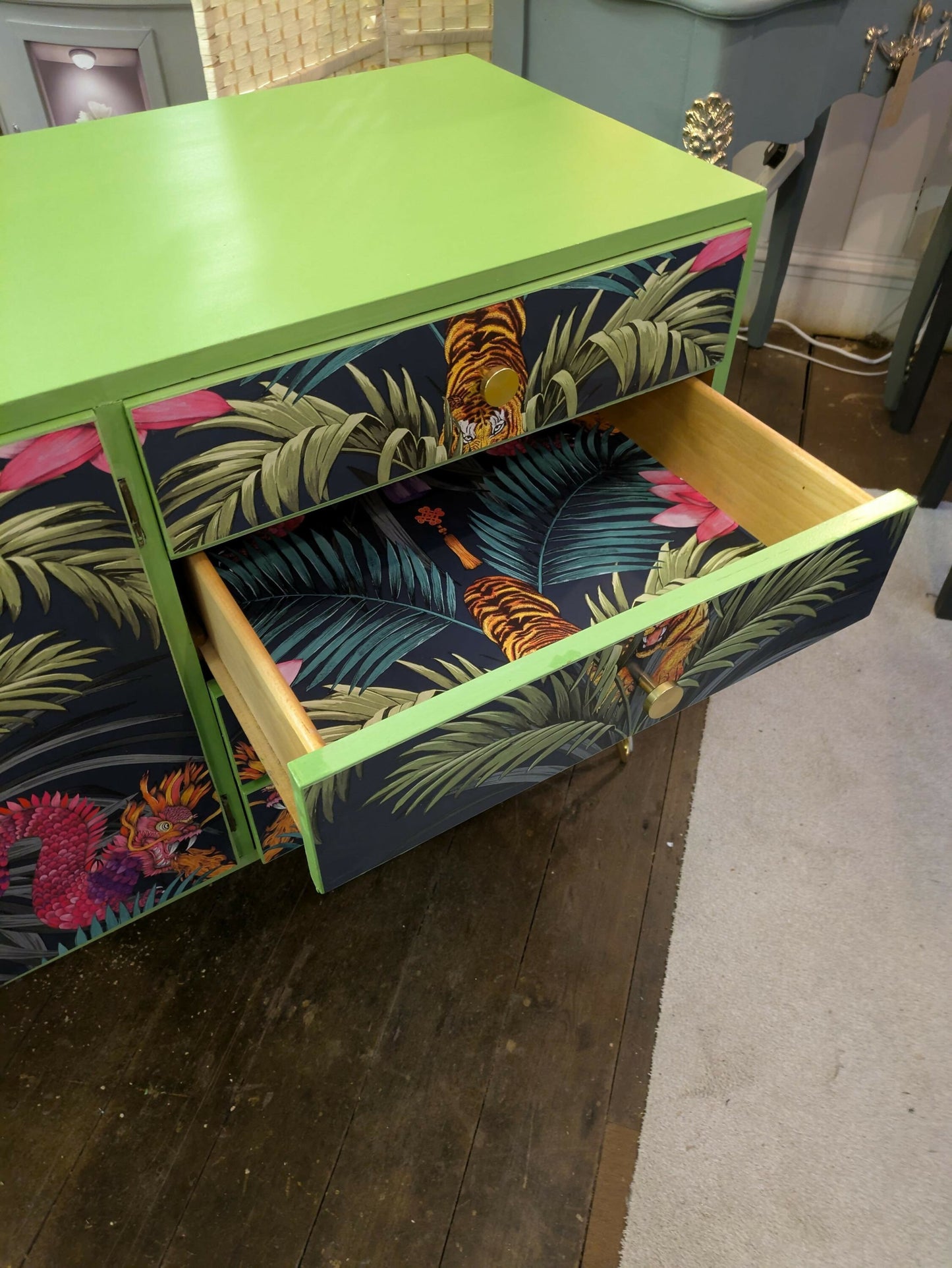 Mid century Sideboard or Cocktail cabinet. Upcycled Painted Blue, Oriental Dragons Commission Piece