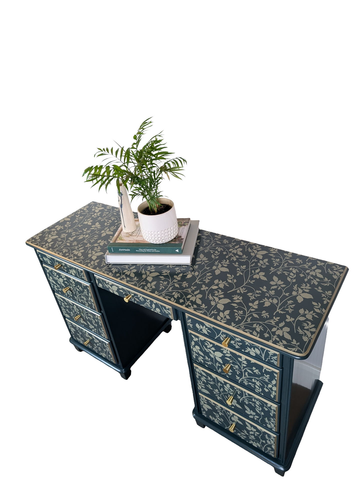 Hand-Painted Green Stencil Desk | Upcycled Vintage Writing Table | Unique Statement Piece