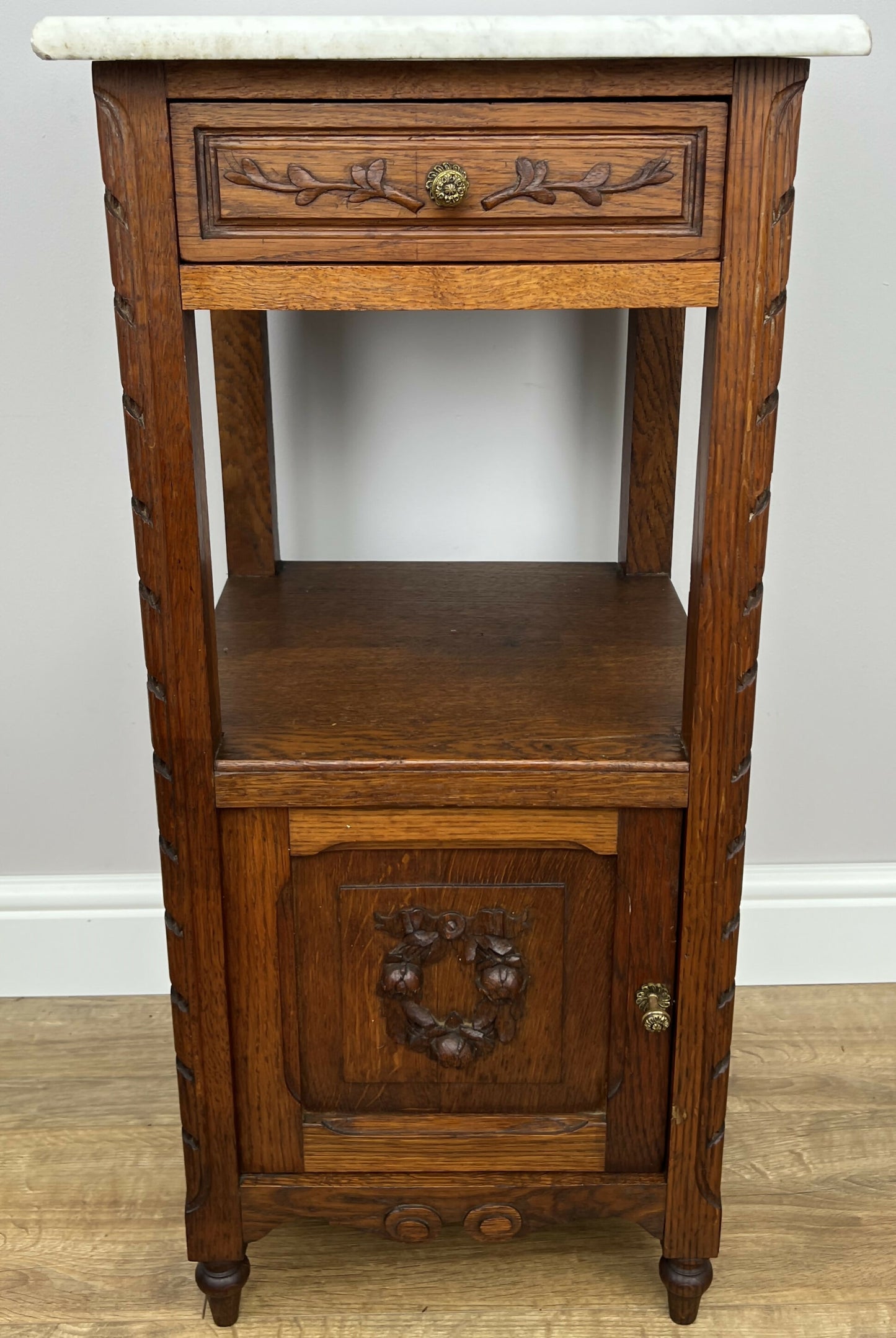 Bedside Table Antique French Style Marble Top Oak Cabinet Nightstand LOT 6240