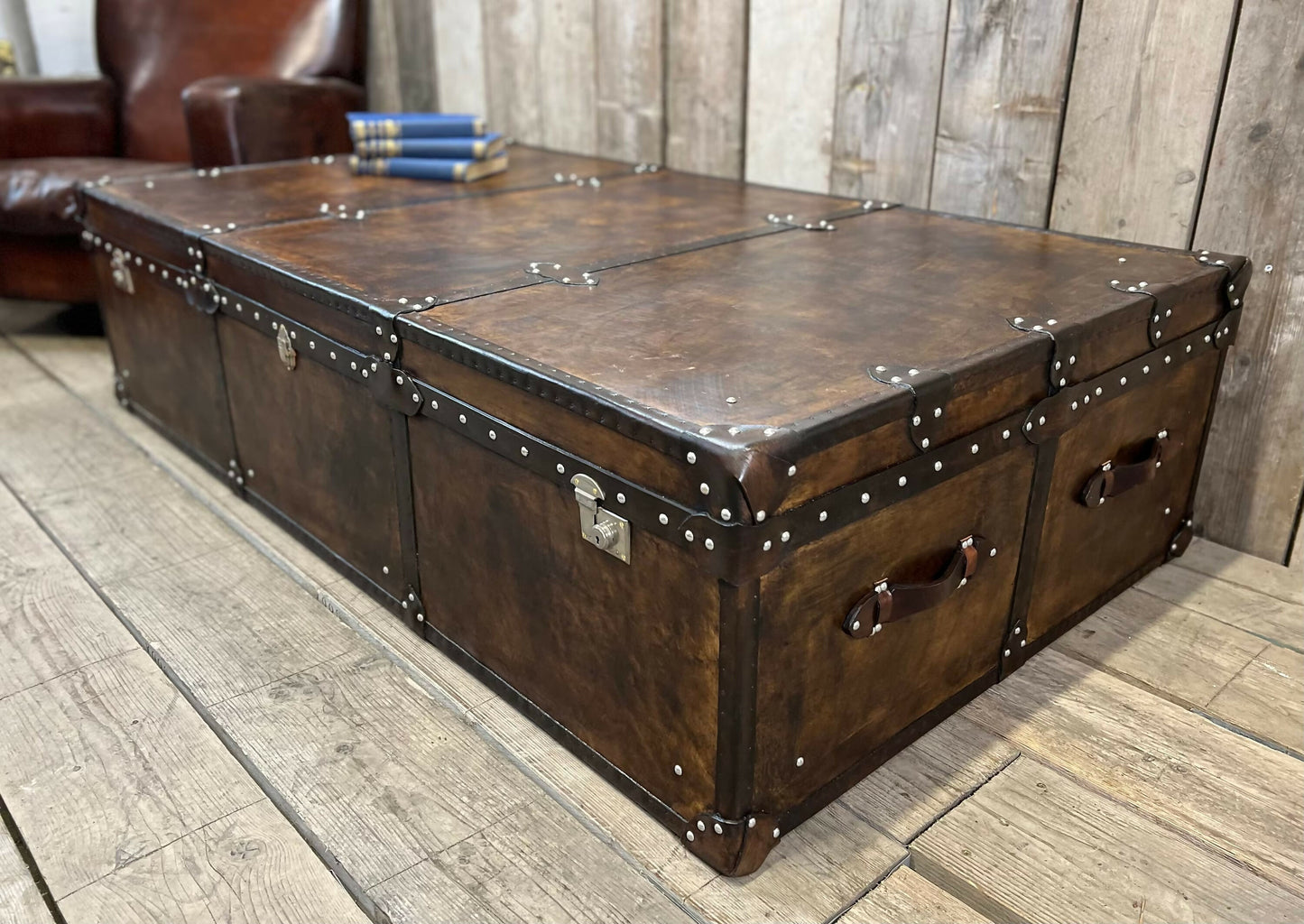 Handmade English luxury large Vintage leather coffee table - hand dyed storage trunk