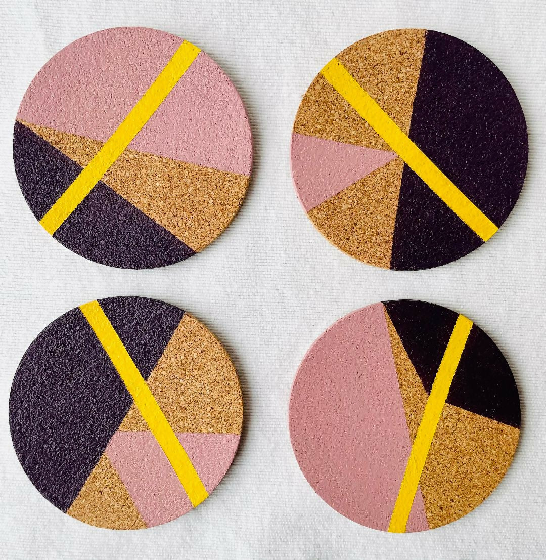 SOLD Set of 4 Cork Coasters - Hand Painted Geometric/Modern Design (Pink/Yellow/Purple)