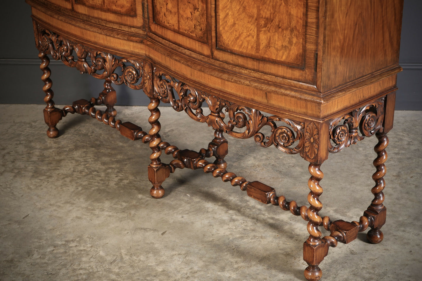 Double Bow Front Burr Walnut Drinks Cocktail Cabinet