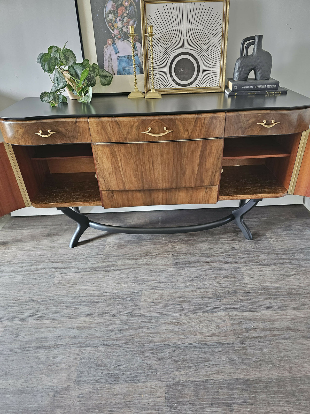 Mid Century Modern Sideboard, Dark Wood and Black Drinks Cabinet, Gold Interior, Original Handles, Crocodile Pattern TV Stand