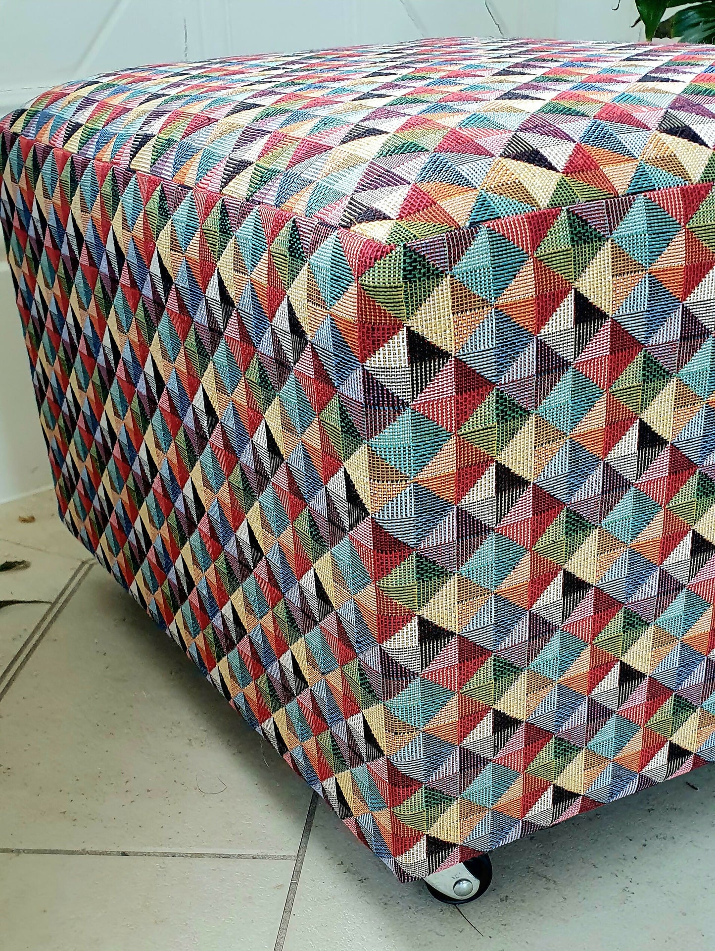 Footstool Pouffe Ottoman on castors Rescued, Restored & Reupholstered in a Modern, Geometric Fabric.