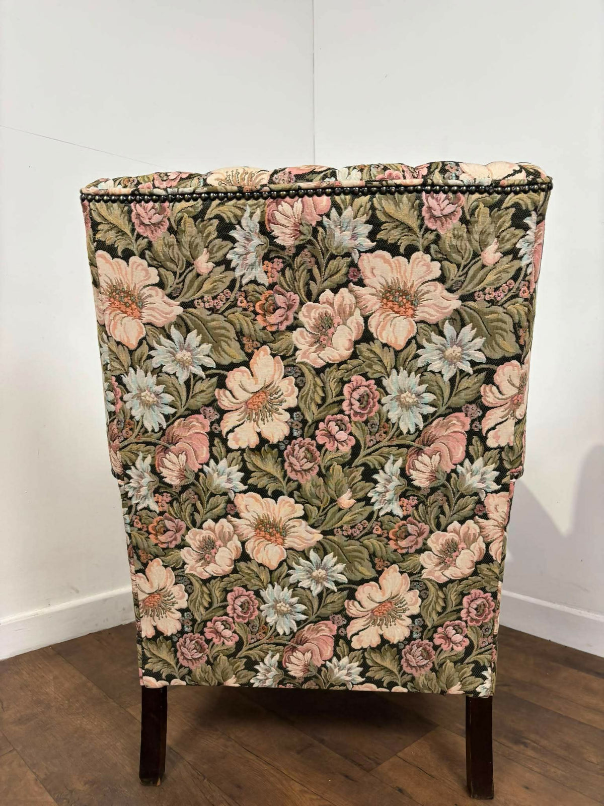 Vintage Reupholstered Floral Wingback Fireside Armchair