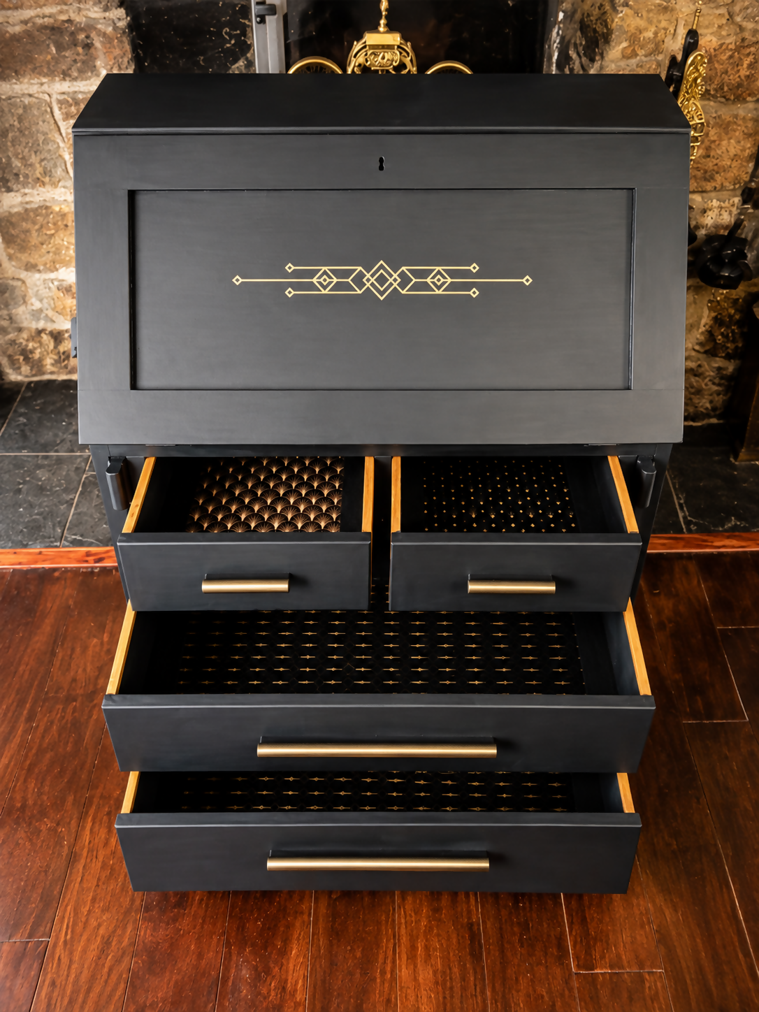 Art Deco Writing Bureau Black & Gold Secretary Desk