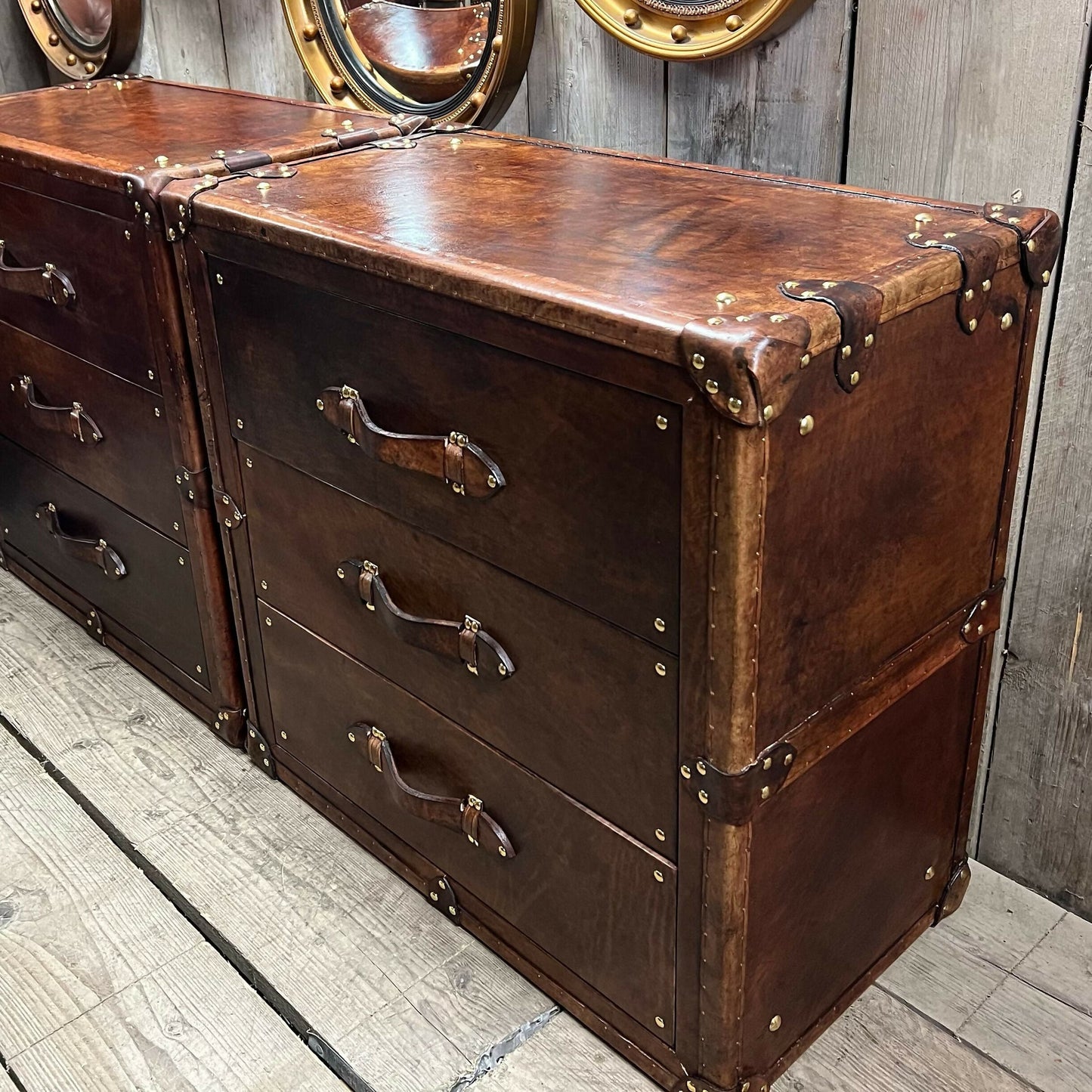 Leather luxury English bedside drawers - Handmade nightstands - Hand dyed bridle - Chestnut brown
