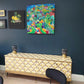 Mid century Upcycled Sideboard: Geometric Yellow Gold Print TV Unit Commission Piece.