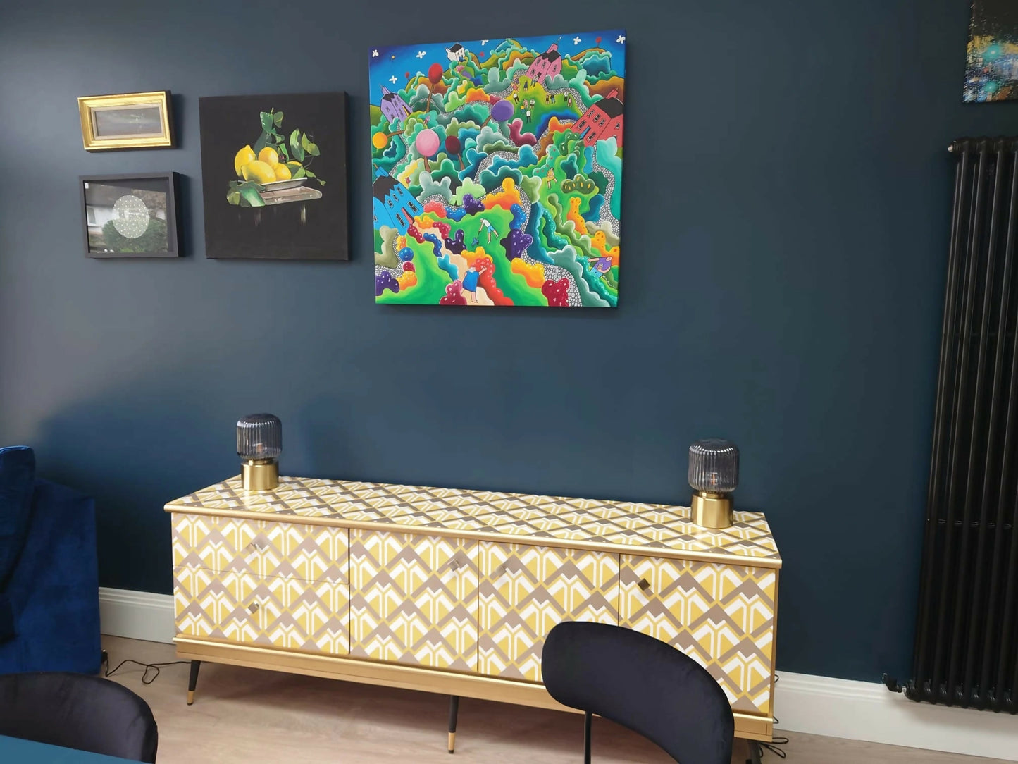 Mid century Upcycled Sideboard: Geometric Yellow Gold Print TV Unit Commission Piece.