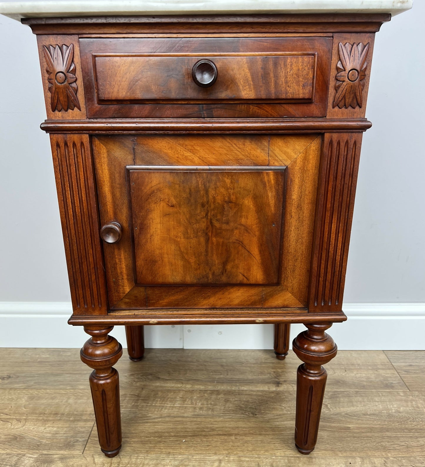 Pair of Bedside Tables Antique Walnut Marble Top Nightstands Cabinets LOT 6223
