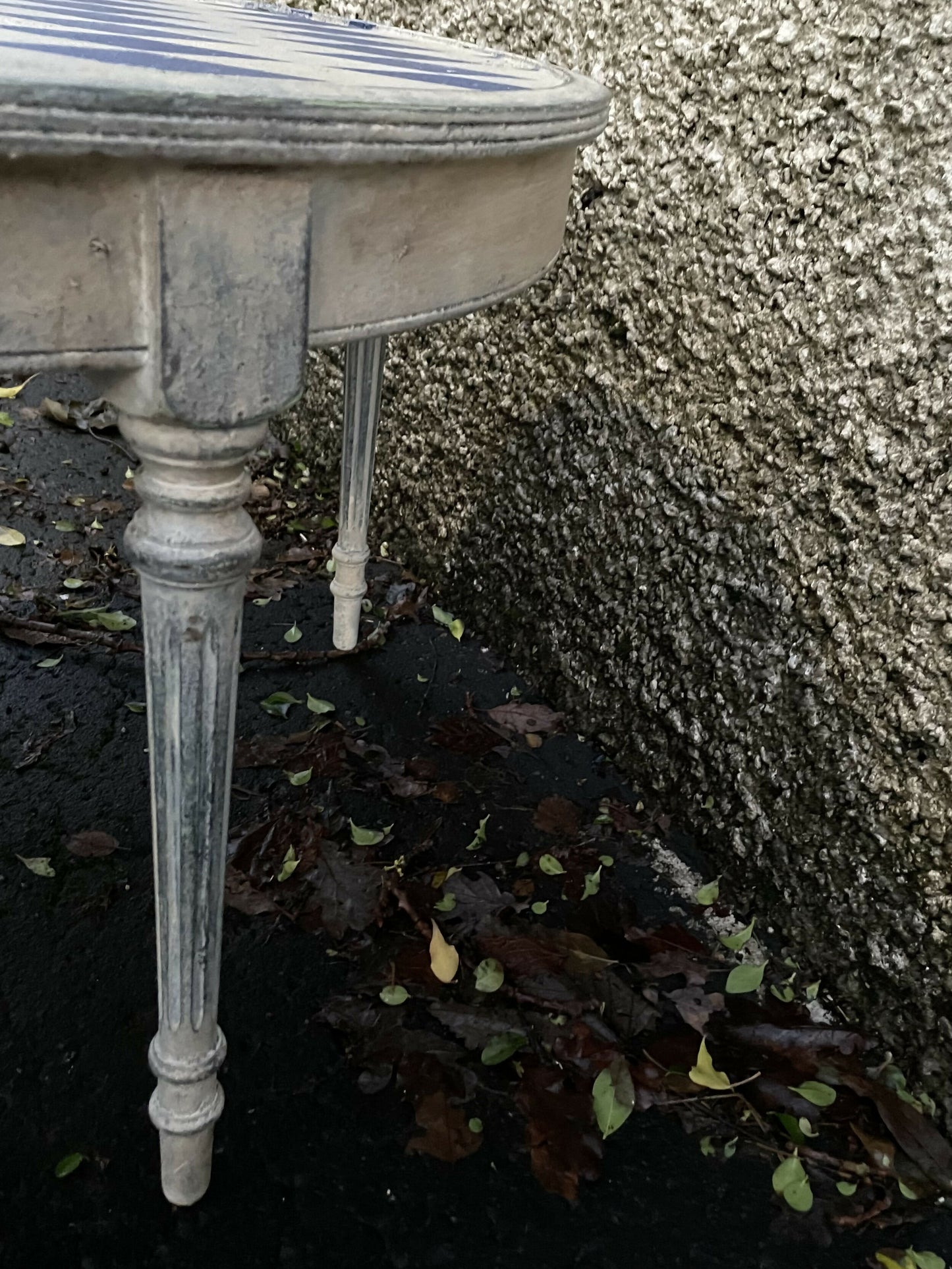 Vintage coffee table painted in a textured patina with french diamond stencil design.