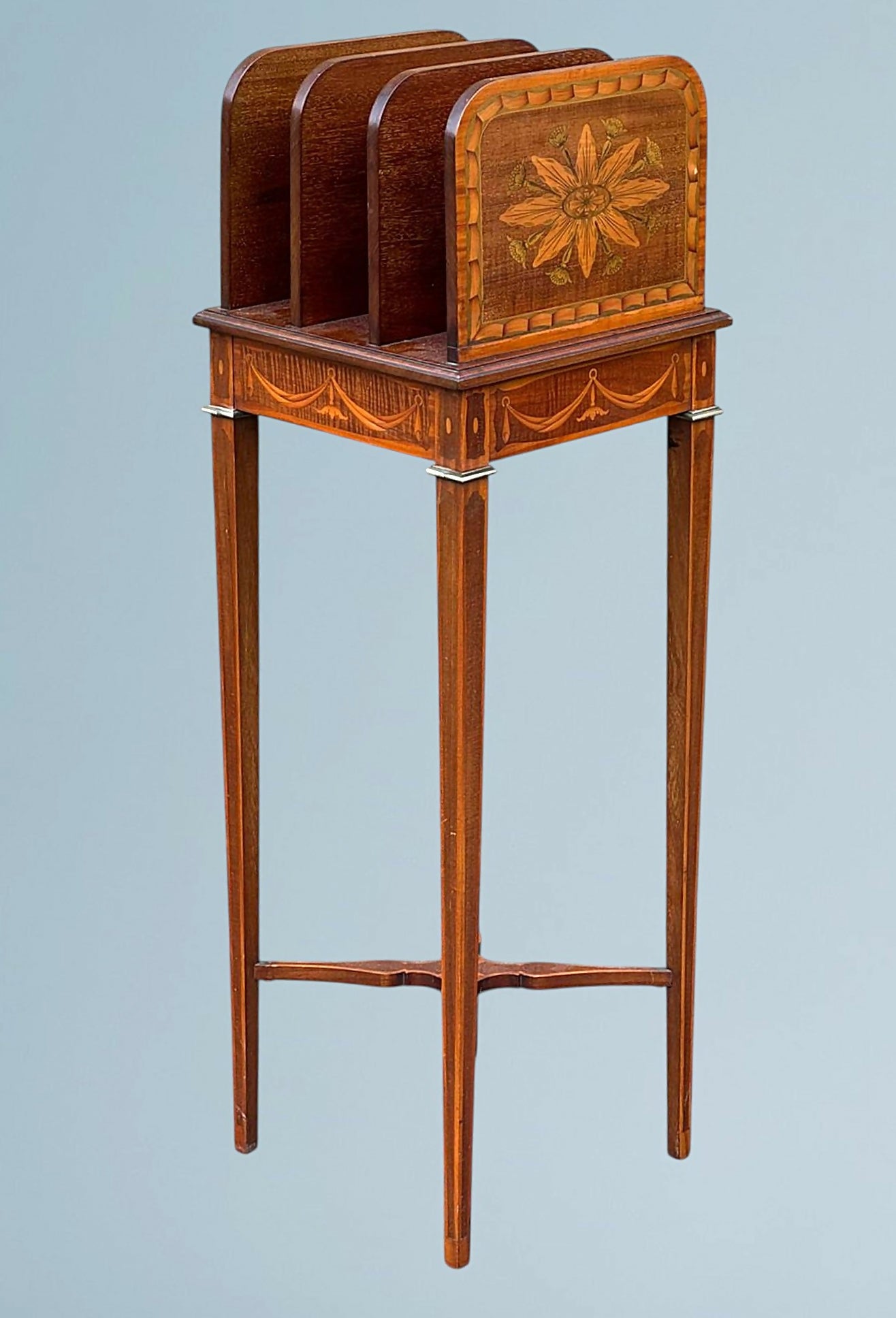 Sheraton Revival Inlaid Mahogany Canterbury Stand / Magazine Rack