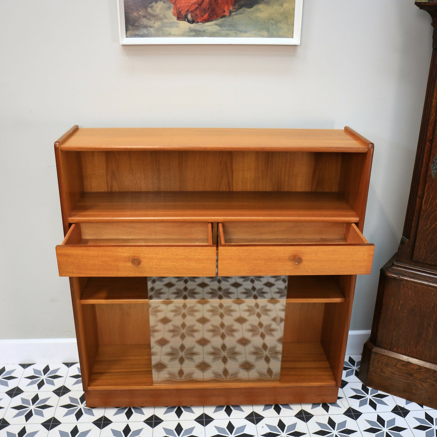 Nathan Teak Slimline Bookcase Wall Unit with Glass Doors and Two Drawers