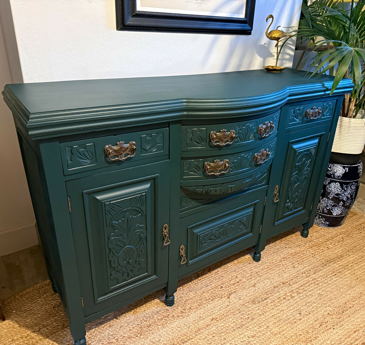 Newly refurbished antique sideboard solid oak green Edwardian
