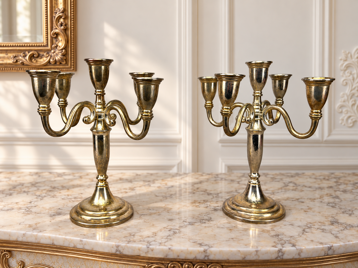 Pair of Candelabras Vintage French Style Metal Five Arm Candle Holders LOT 6486