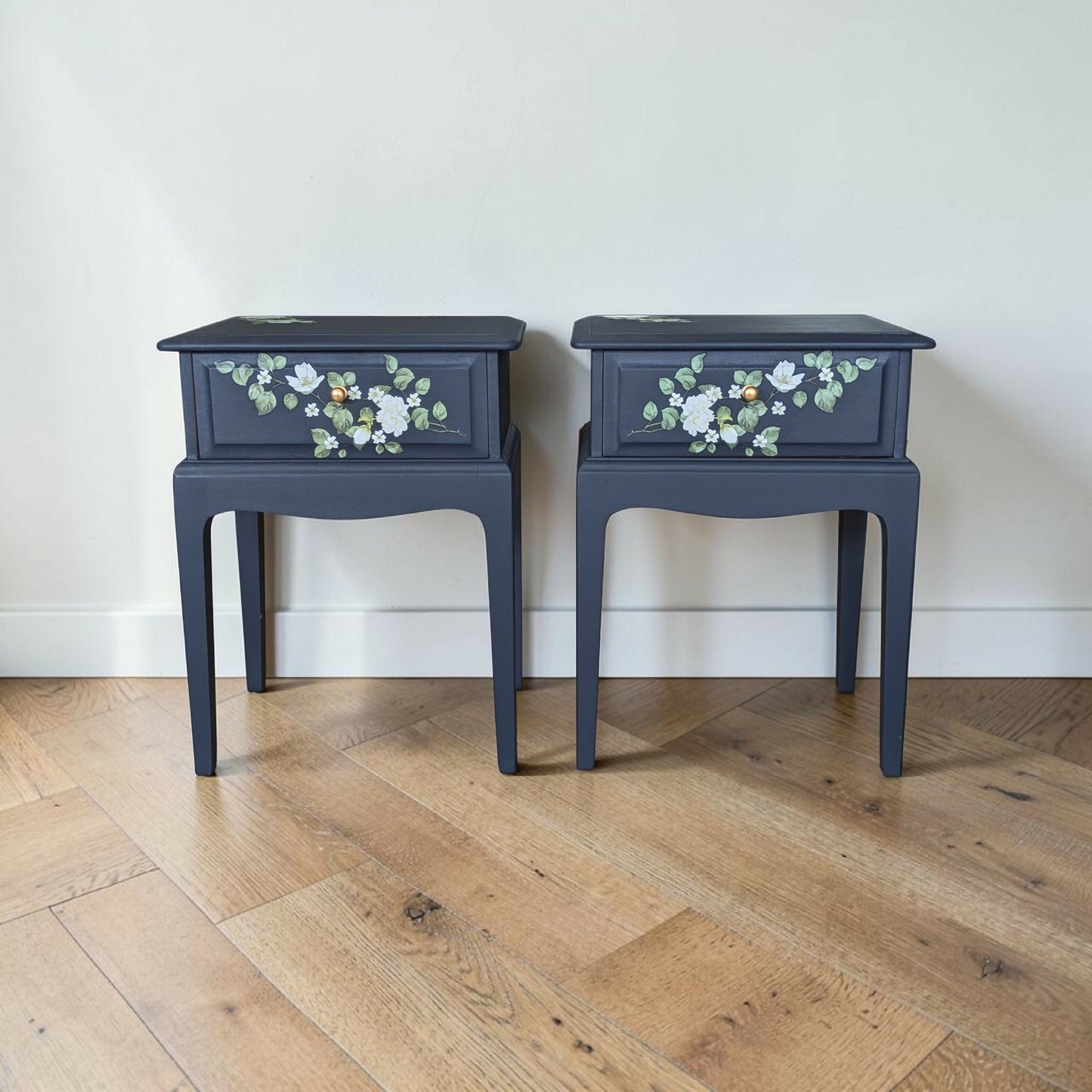 Vintage Stag minstrel navy blue bedside tables pair