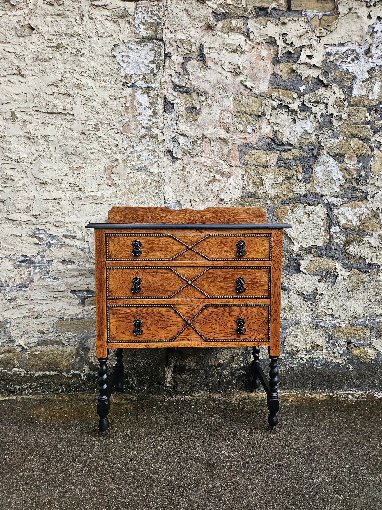 Vintage Oak Chest Of Drawers Three Drawer Lovely Detailing Super Proportions Ebonised In Black