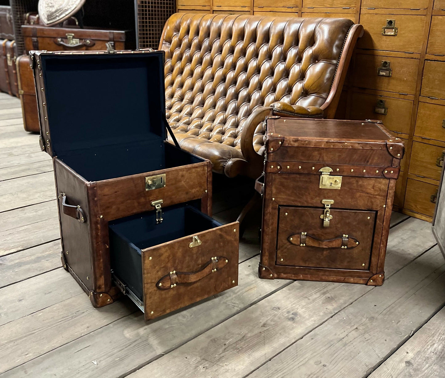 English Bridle Vintage Leather Side Table Trunk - Handmade Bedroom Furniture Pair Bespoke Chest