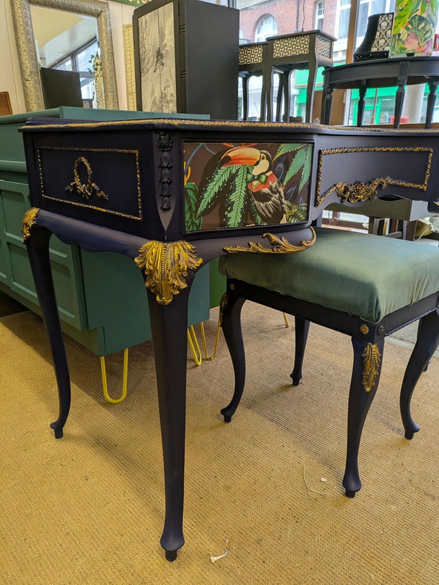 Vintage French Dressing Table, Desk Bedroom Office. Painted Furniture. Upcycled Navy Blue Gold Tropical Bird Commission Piece