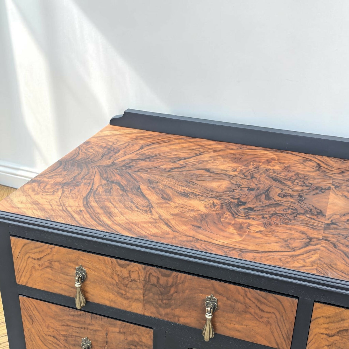 Vintage art deco black gold walnut burr wood desk dressing table