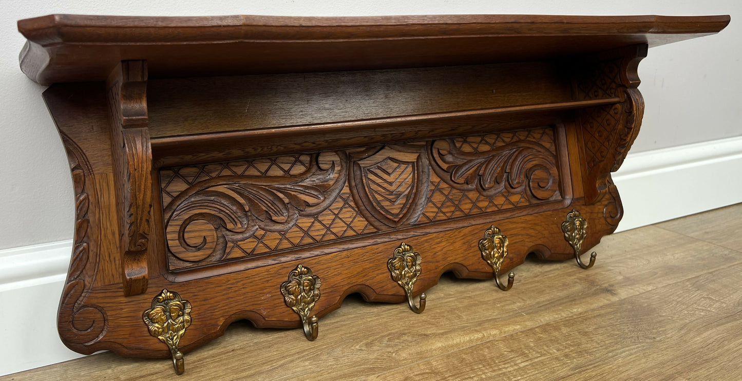 Coat Rack Vintage French Oak Wall Mounted 5 Hooks Carved Rack Hanger LOT 6294