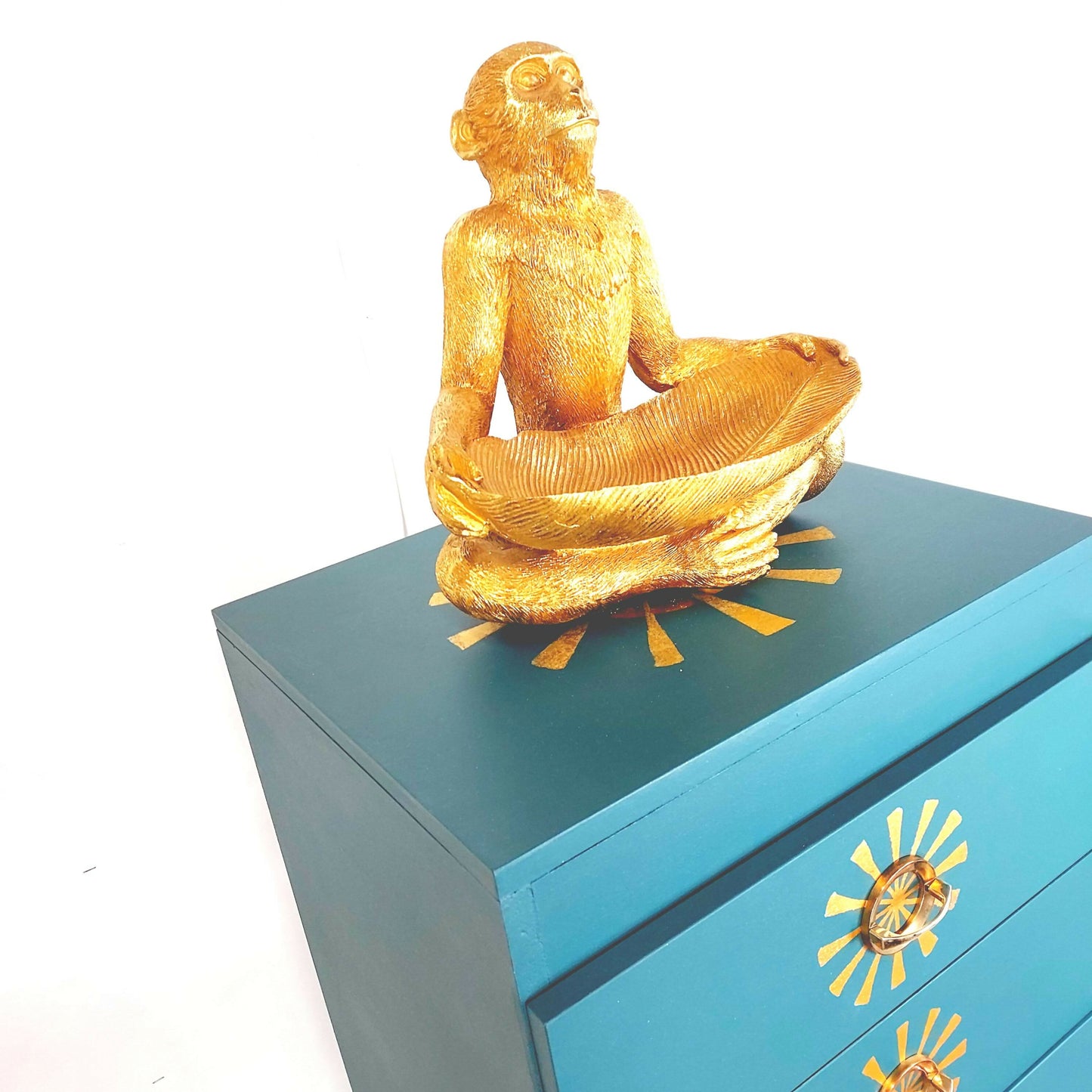 Upcycled hand painted drawers in teal with gold leaf design