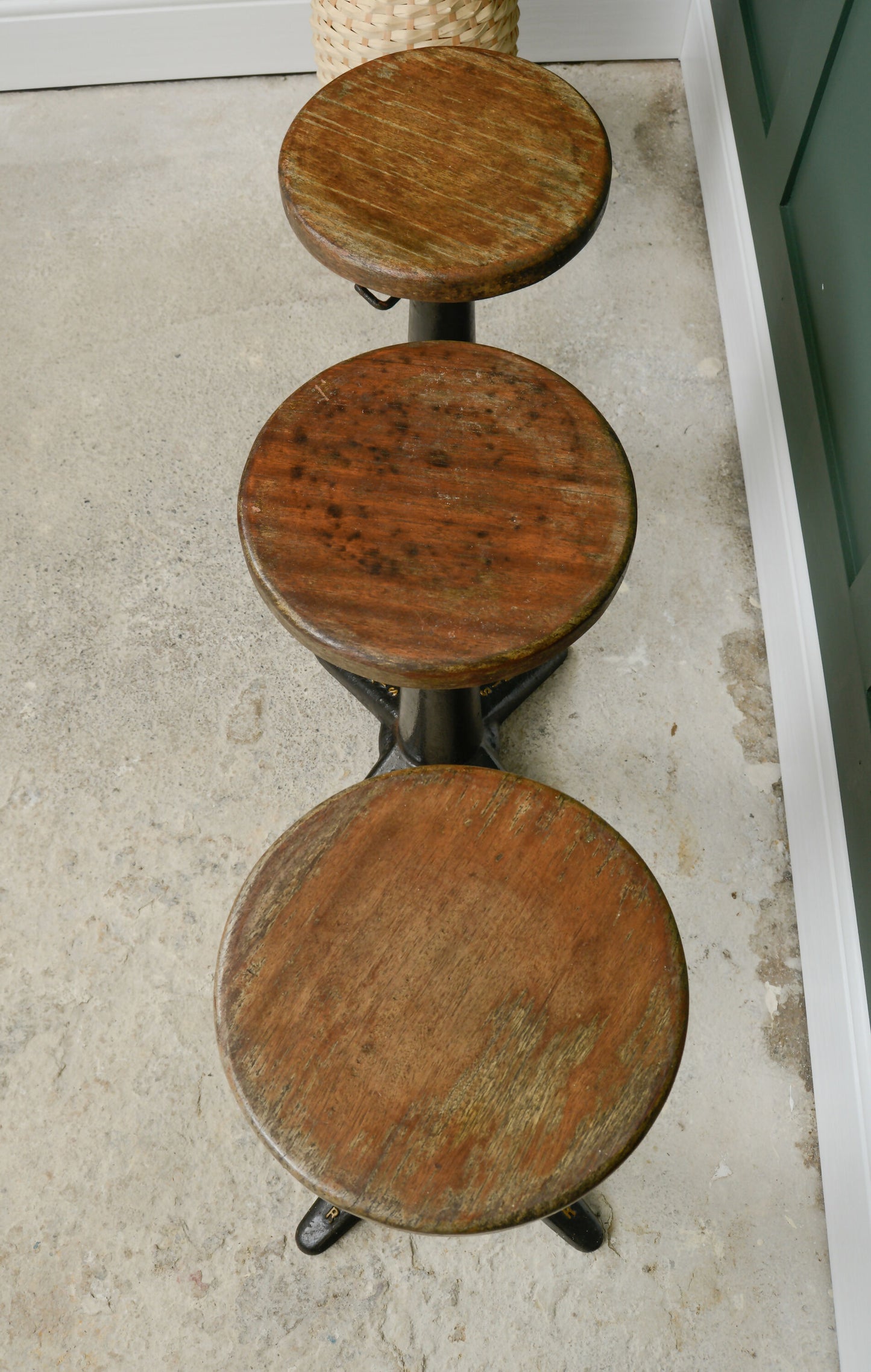 3 Antique Singer Sewing Machinists Stools - Cast Iron - Adjustable Height