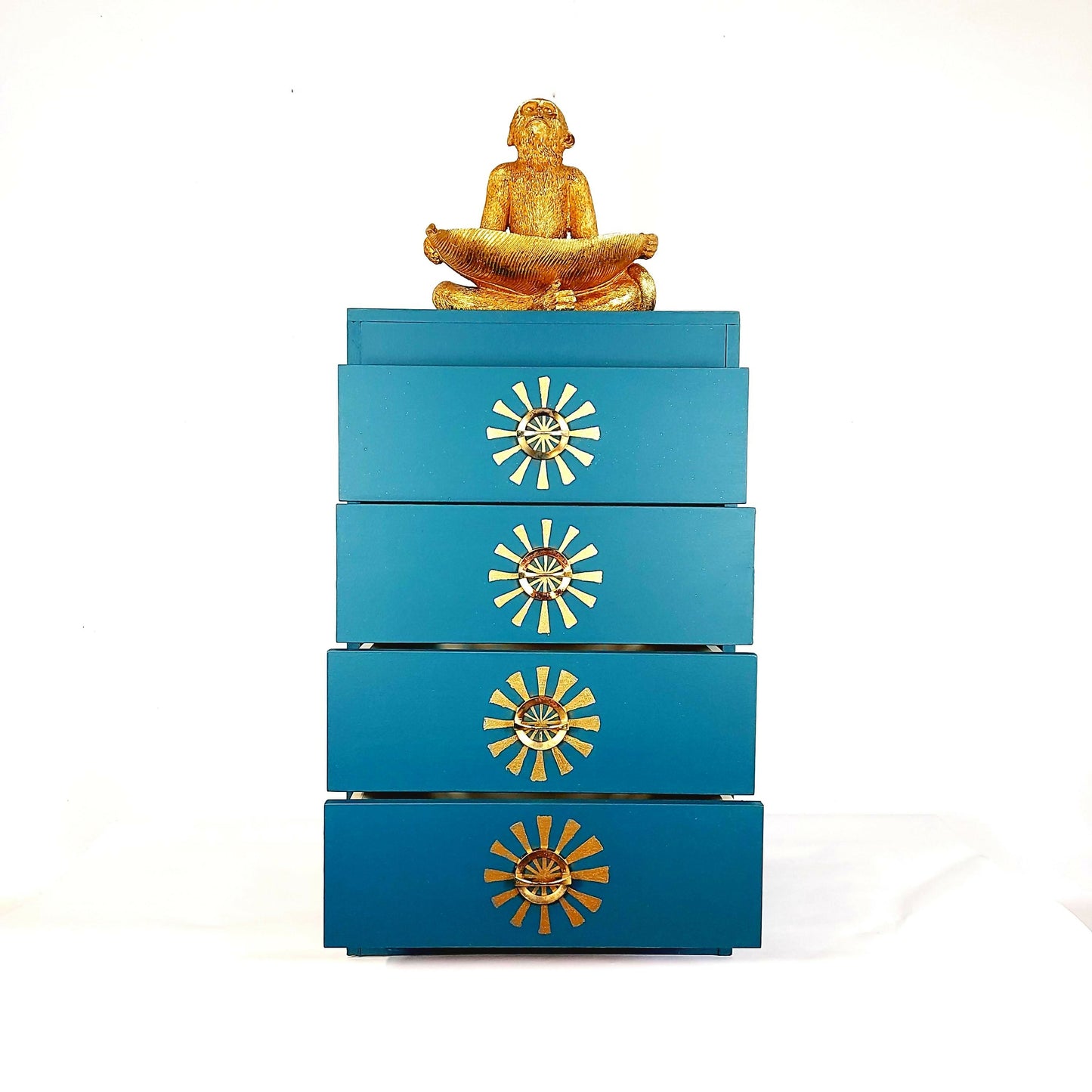 Upcycled hand painted drawers in teal with gold leaf design