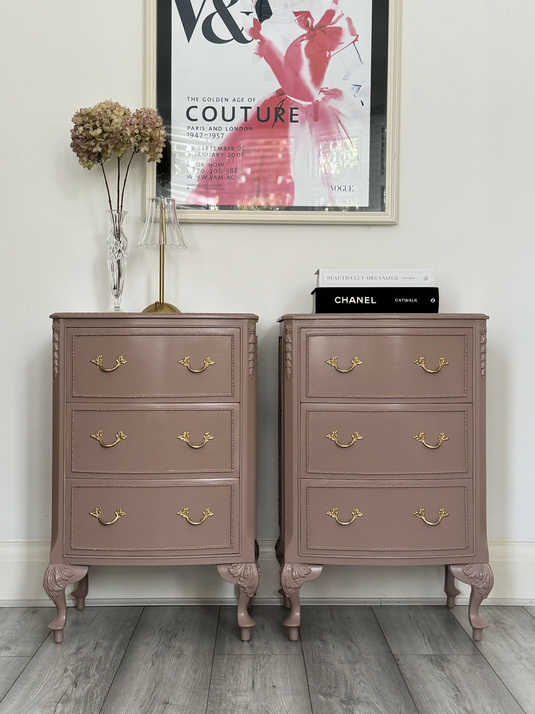 French Bedside Cabinets, Bedside Tables, Olympus, Chest Of Drawers Hand Painted In Damask, Dusty Pink