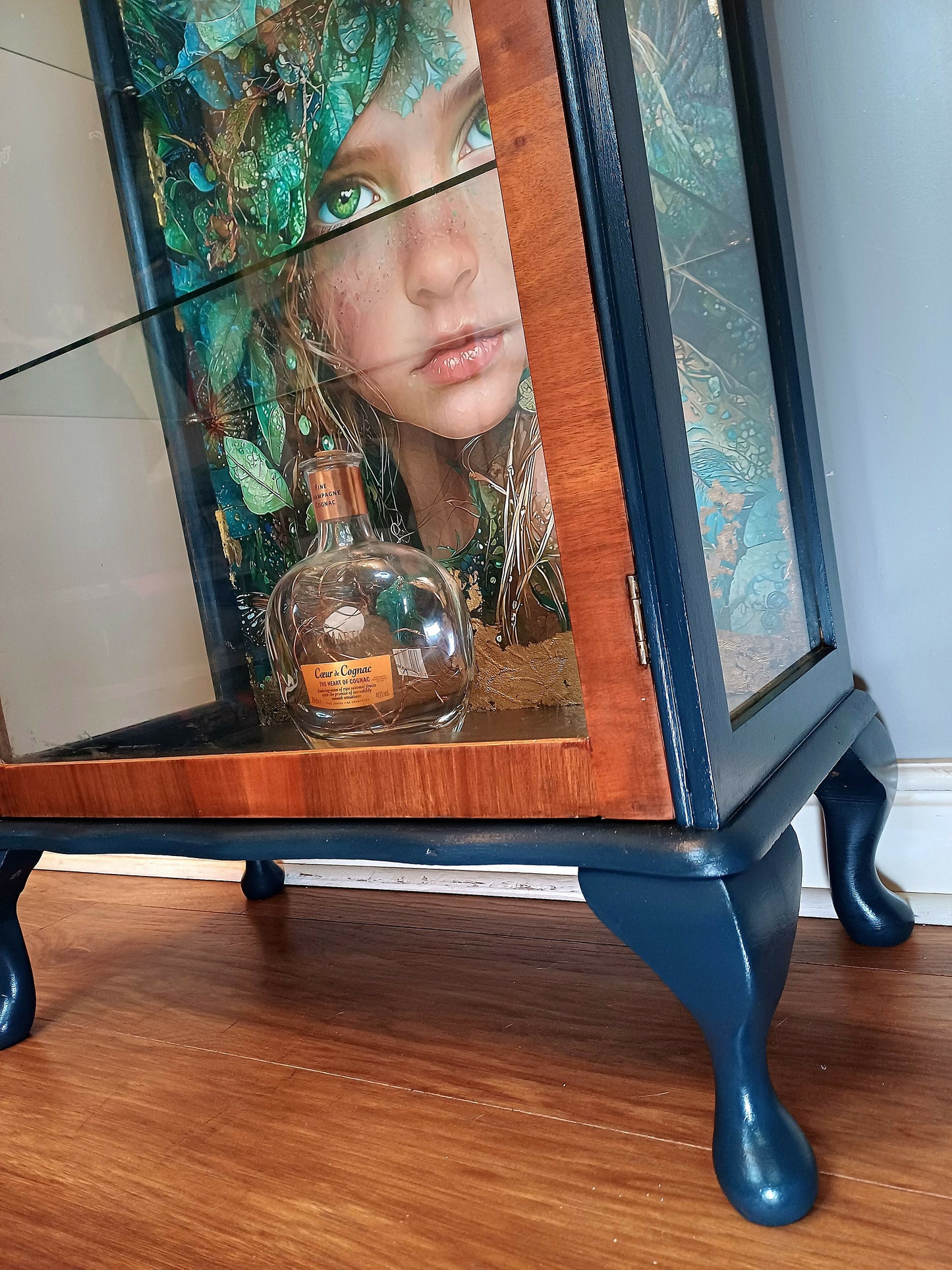 Upcycled Display Case with Decoupaged Peacock Princess and Glass Shelves