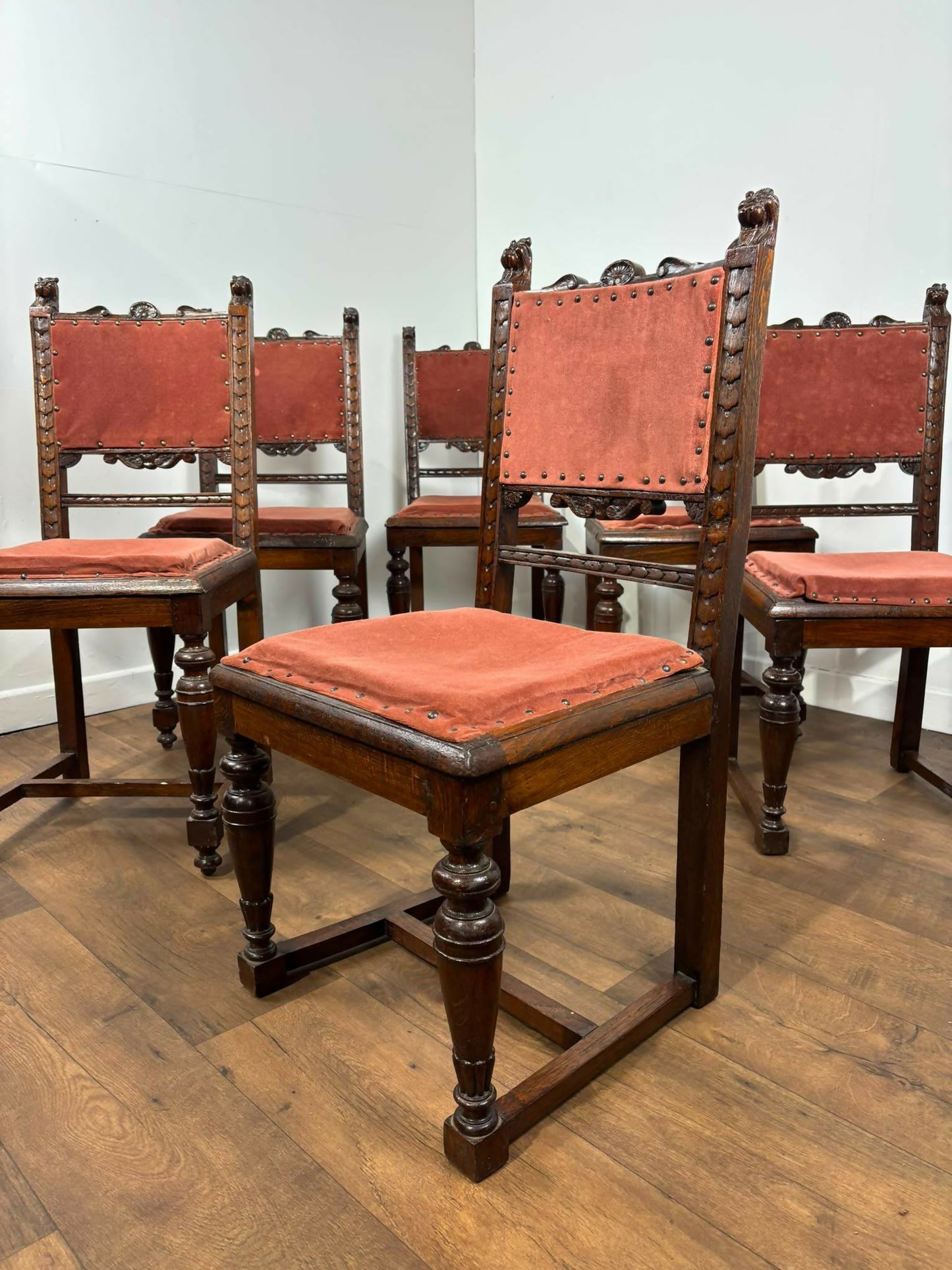 Victorian Set of Six Carved Oak Dining Chairs