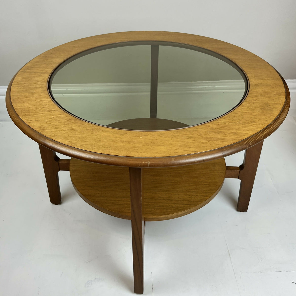 Vintage Remploy Teak Coffee Table Glass Top Round Mid Century Side Table 58.5cm