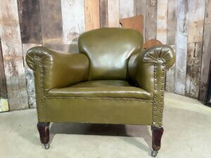 Vintage Edwardian Green Leather Armchair, c.1930