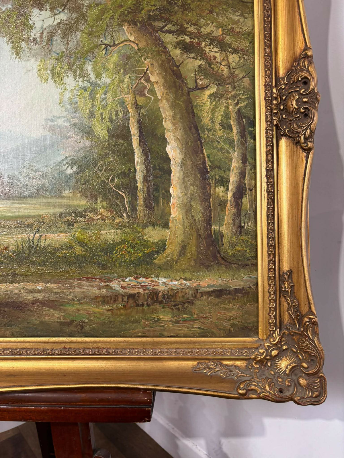 Large Signed Oil on Canvas – Woodland Cottage Landscape in Ornate Gilt Frame