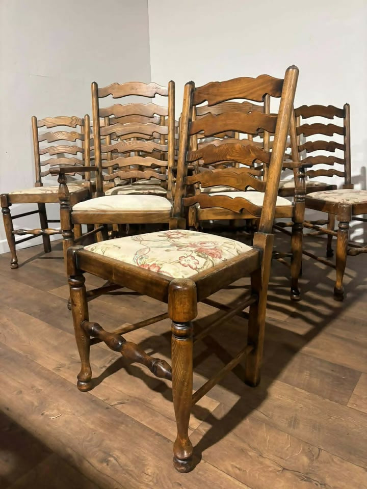 Set of Twelve Oak Yorkshire Style Ladderback Dining Chairs