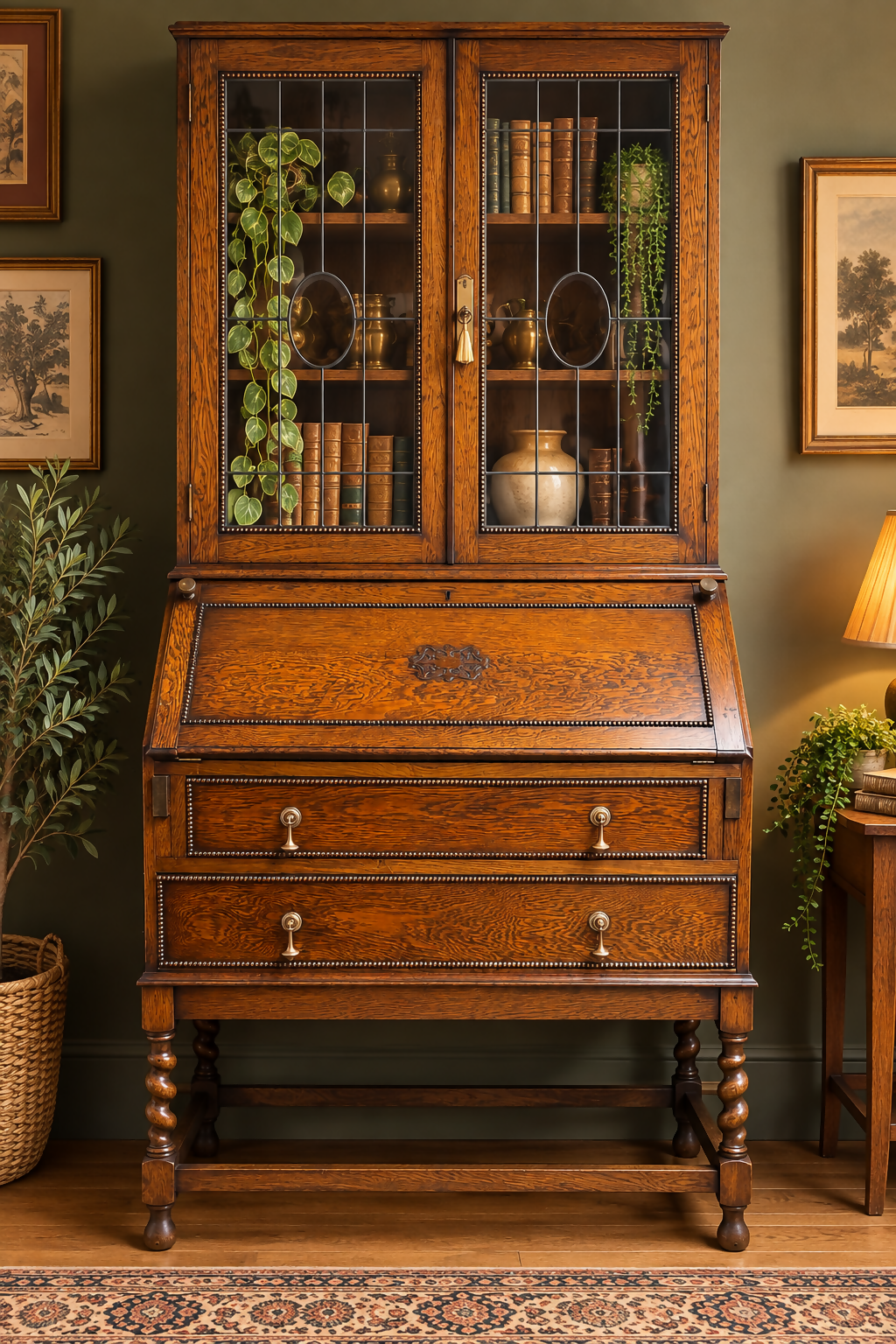 Antique Jacobean style glazed bureau bookcase