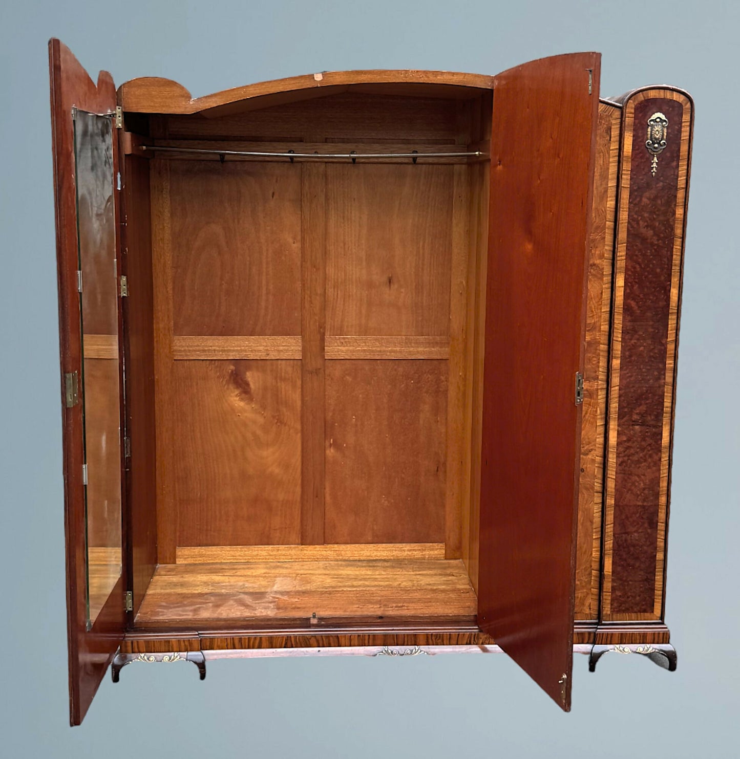 Good Quality Art Deco Burr Walnut Triple Door Wardrobe With Ormolu Mounts