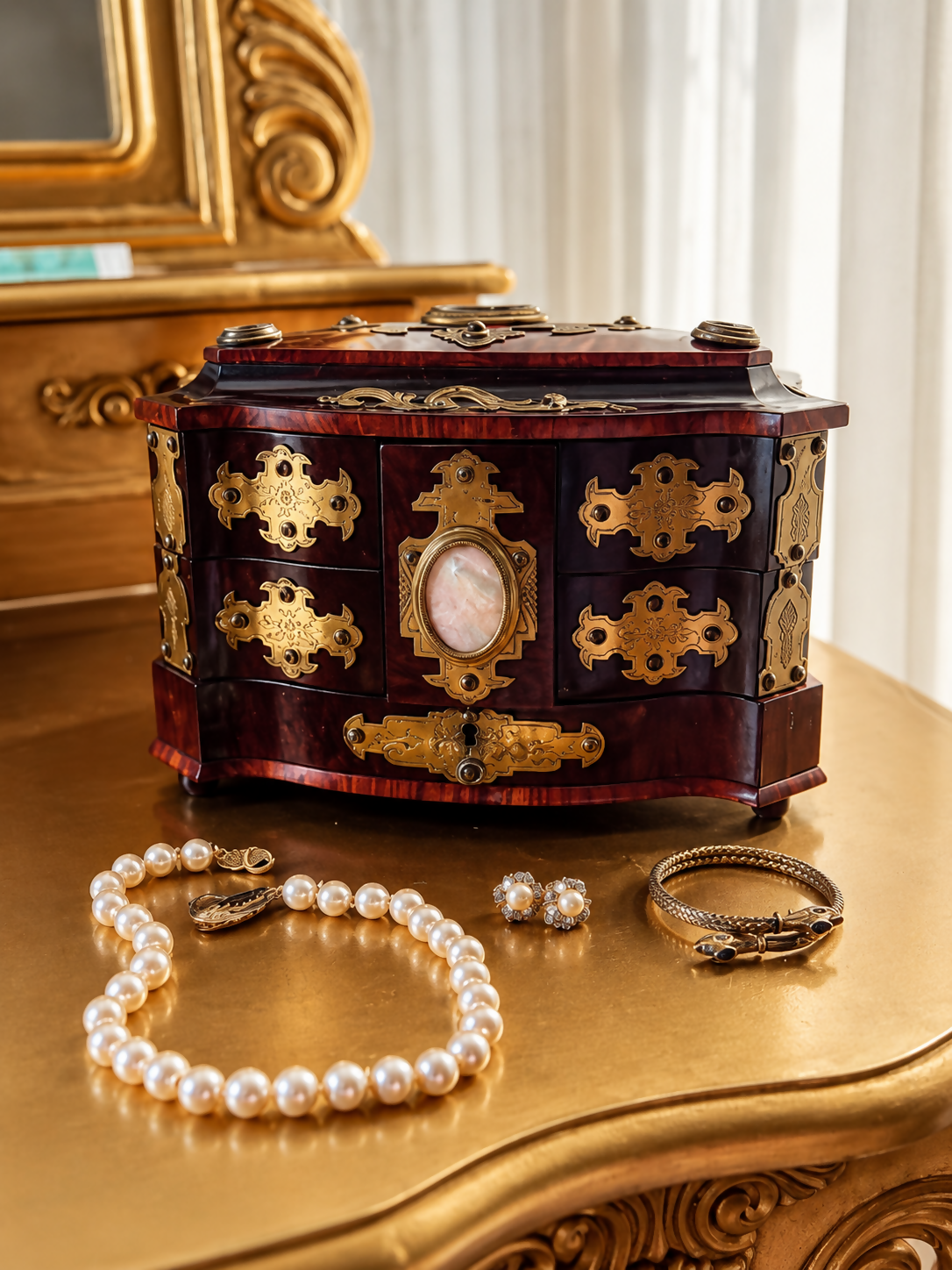 Antique Bombe Jewellery Trinket Box With Mother Of Pearl & Brass Mounts