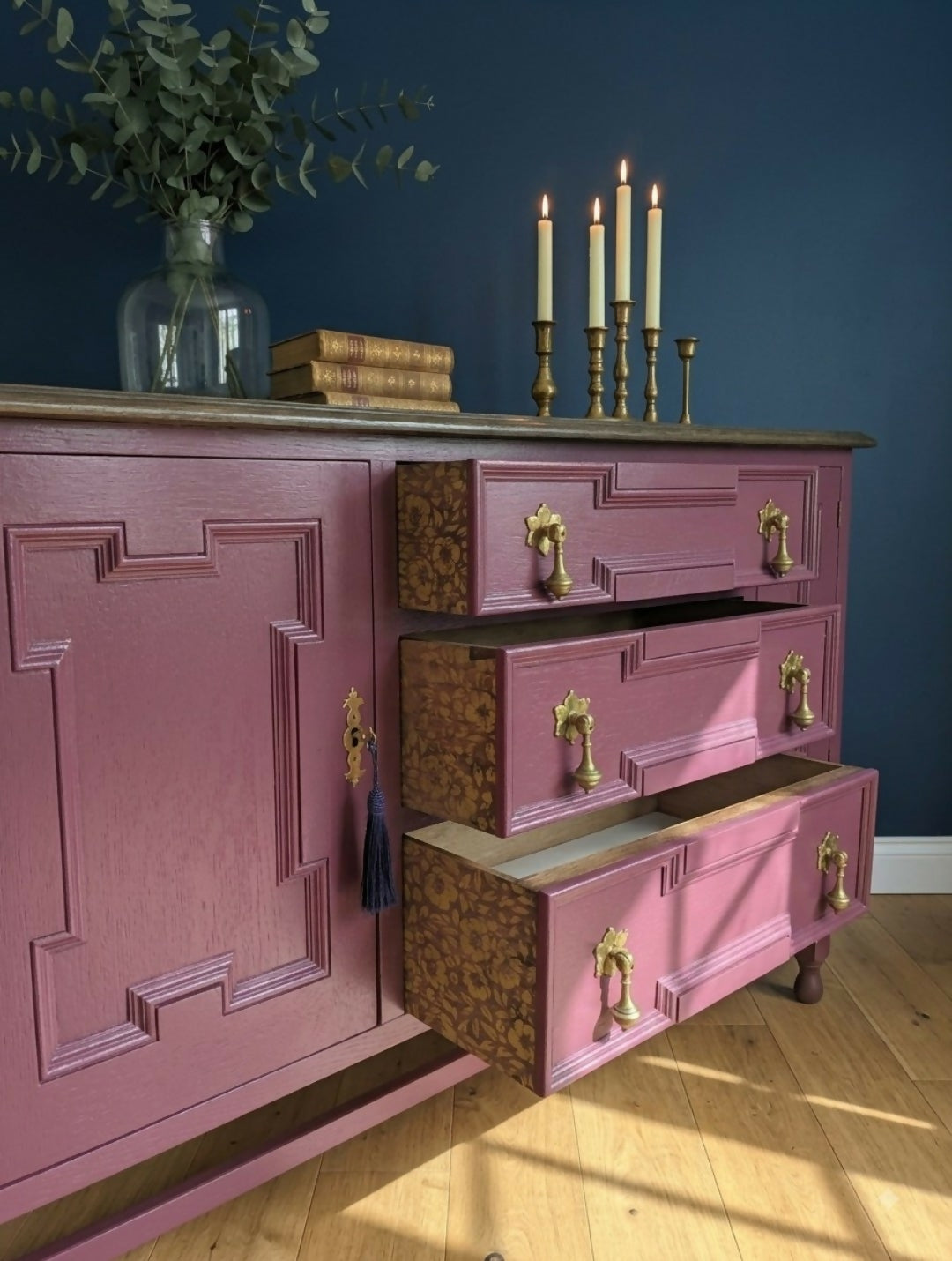 Refinished Jacobean Revival Solid Oak Sideboard, Burgundy Red Painted Buffet, Winchester Fusion Mineral Paint