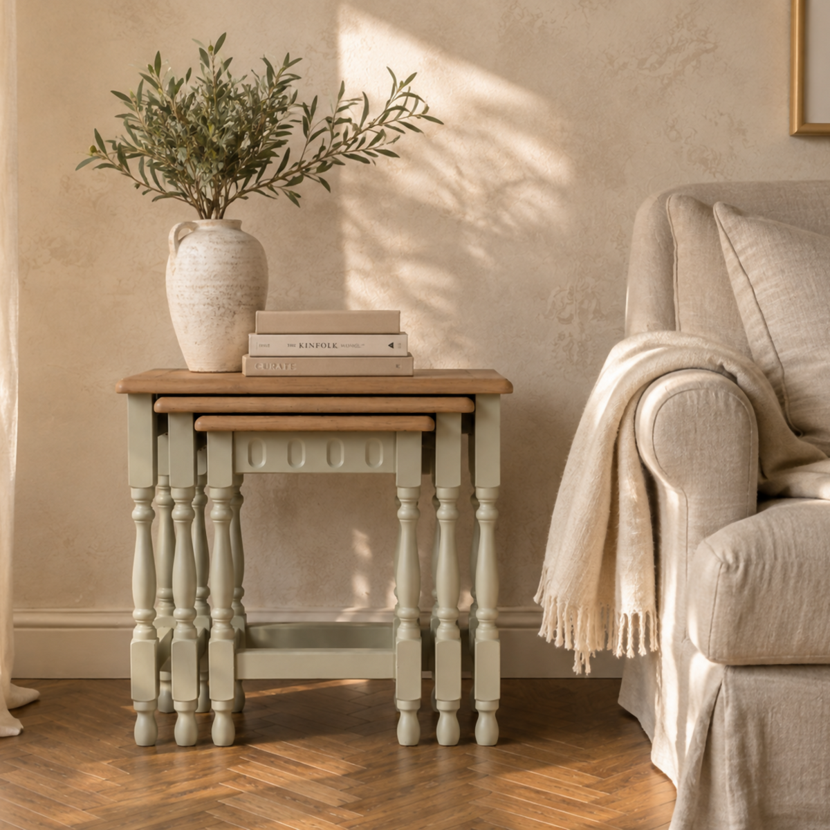Vintage Oak Floral Nest of Three Tables | Hand Painted Upcycled Sage & Cream Nesting Tables