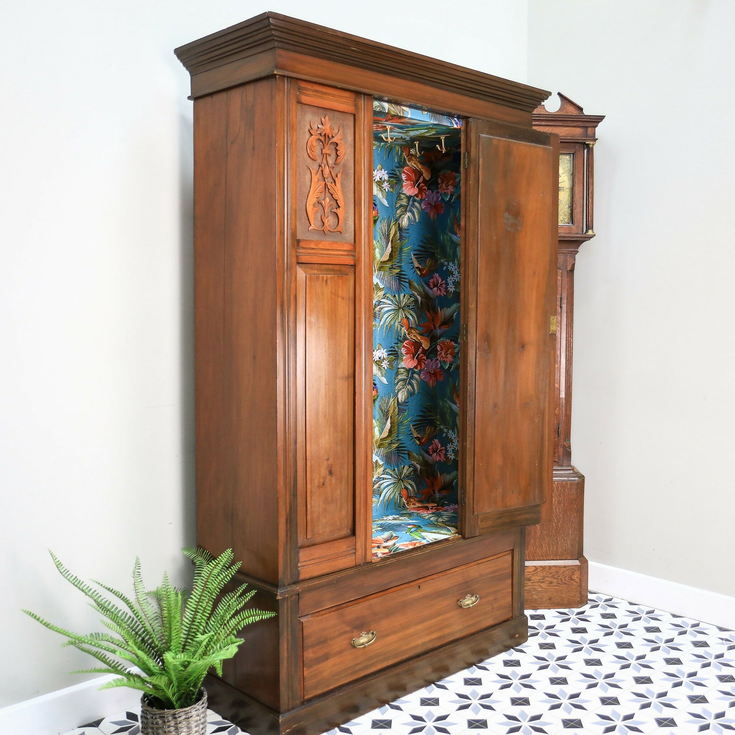 Edwardian Red Walnut Carved Wardrobe With Mirror and Drawer