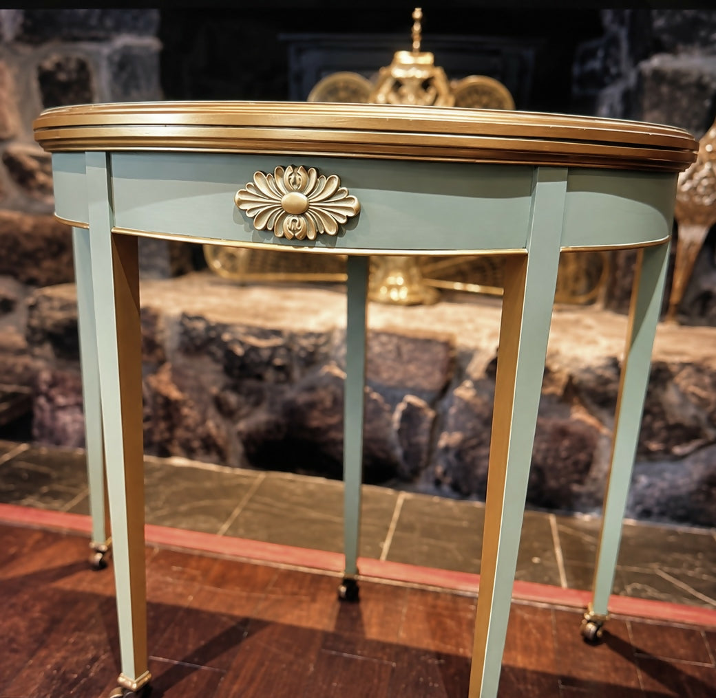 Georgian Demi-Lune Games/Card Table in Sage Green & Gold - Regency Style