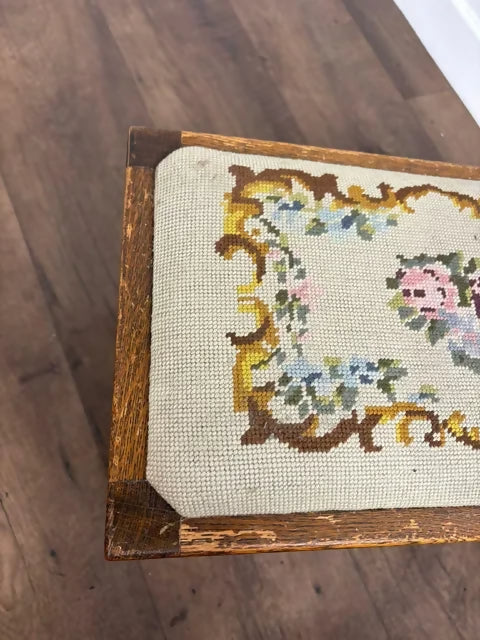 Vintage Oak Stool with Embroidered Pad