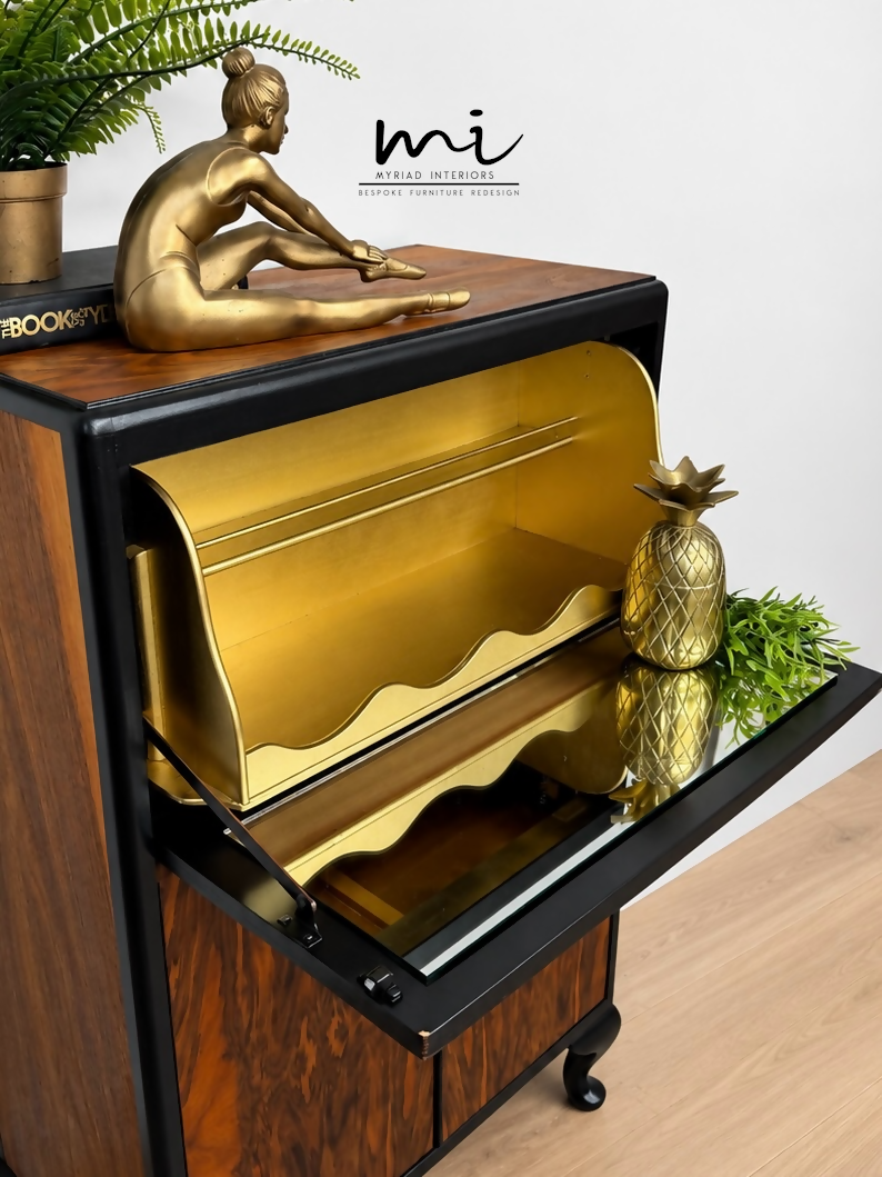 Refurbished Petit Art Deco Burl Walnut Cocktail Cabinet, black and gold drinks cabinet