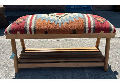 Beautiful Contemporary Kilim Kelem Flat Weave Upholstered Bench Seat With Rack