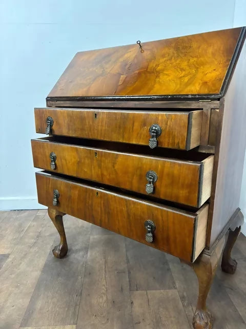 Vintage Walnut Veneered Bureau with Ball & Claw Feet