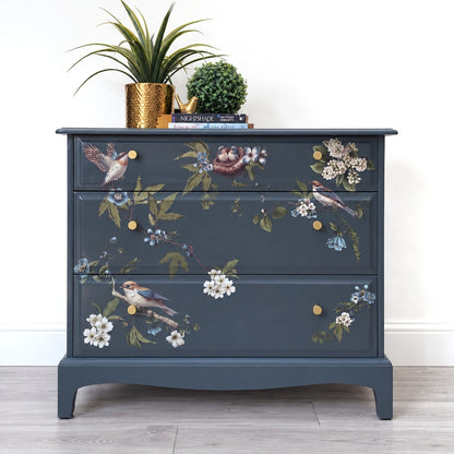 Vintage Stag Minstrel Chest of Drawers – Dark Grey with Botanical Bird Design