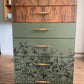 Mid Century Modern Teak Dresser: Olive Green Floral Transfer, 6-Drawer